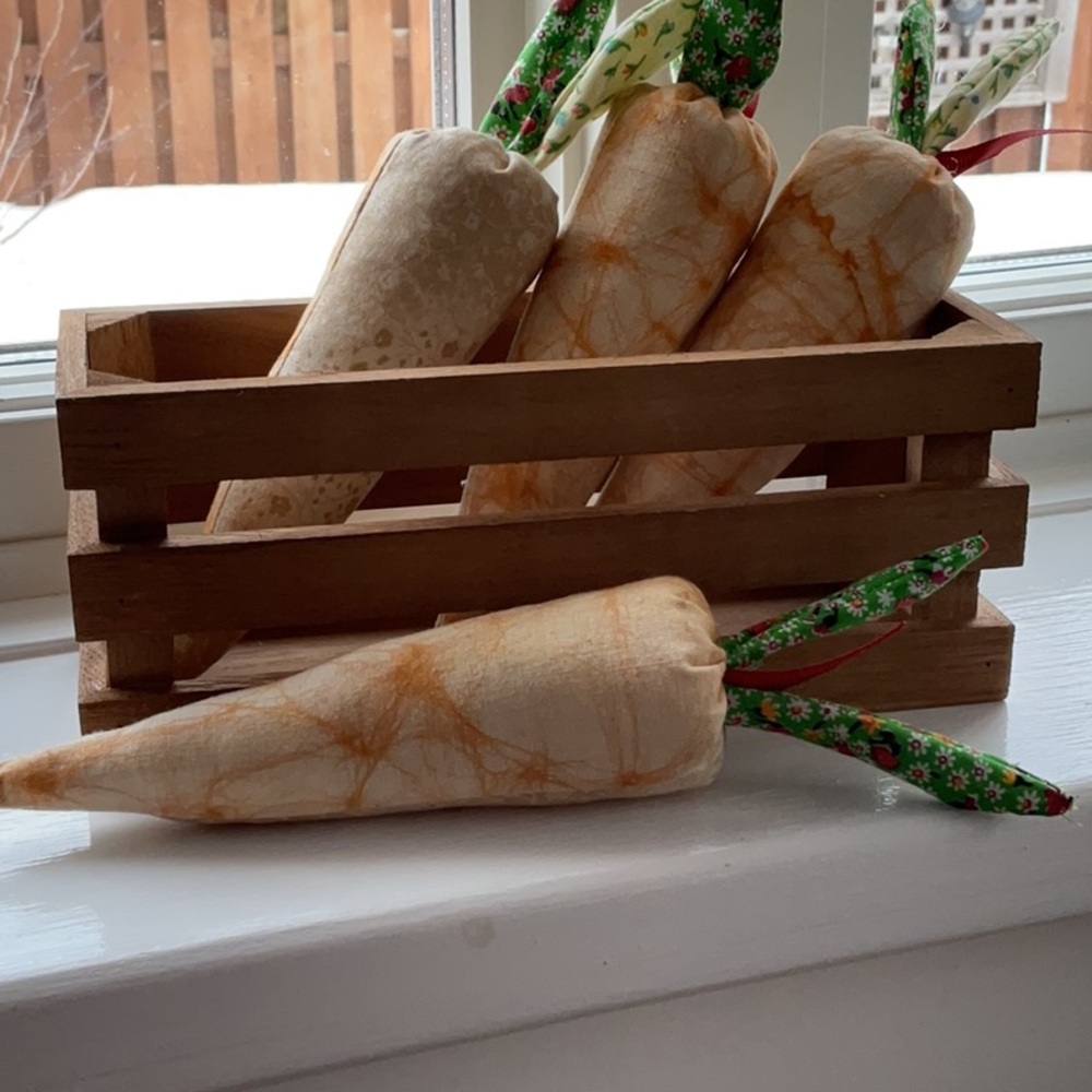 Easter Decor. Decorative Fabric Carrots with Wooden Crate